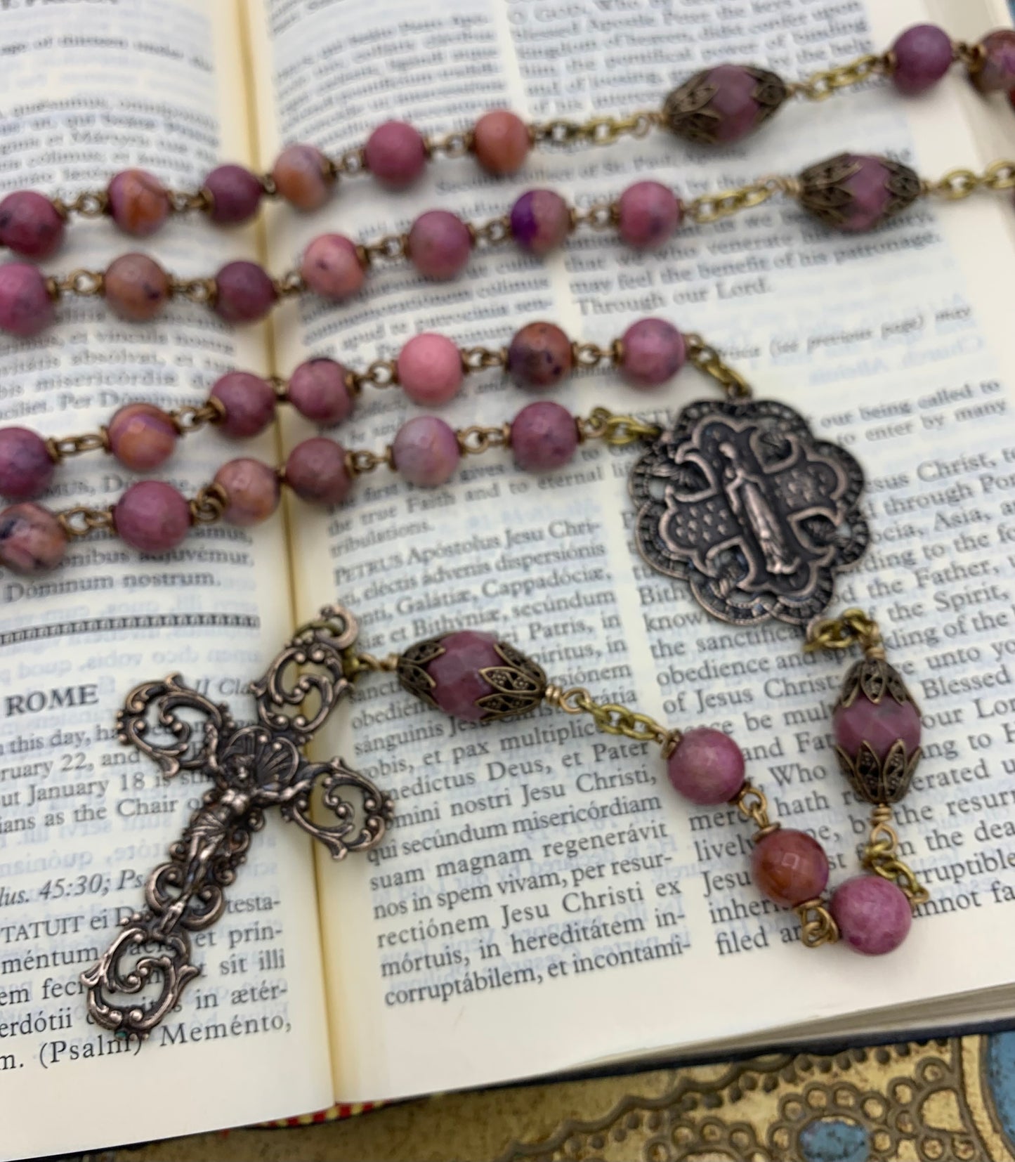 Heirloom Rosary, Rhodonite Gemstones and Bronze