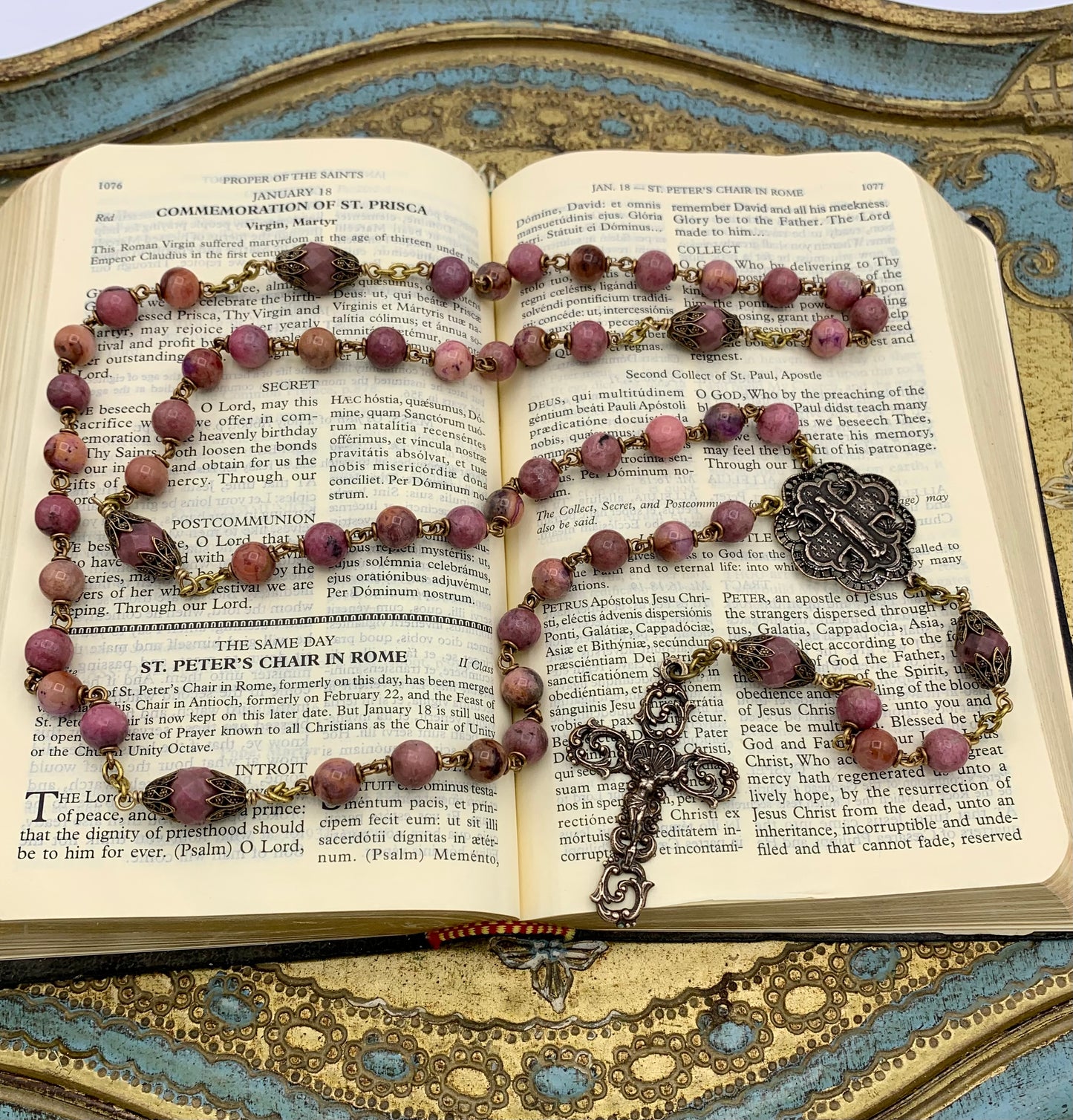 Heirloom Rosary, Rhodonite Gemstones and Bronze