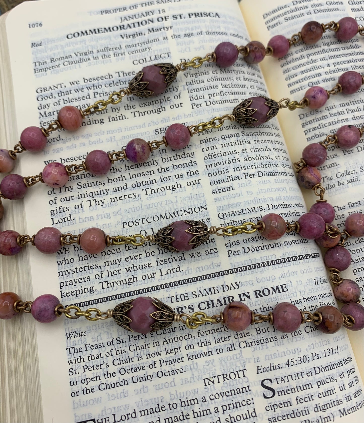 Heirloom Rosary, Rhodonite Gemstones and Bronze