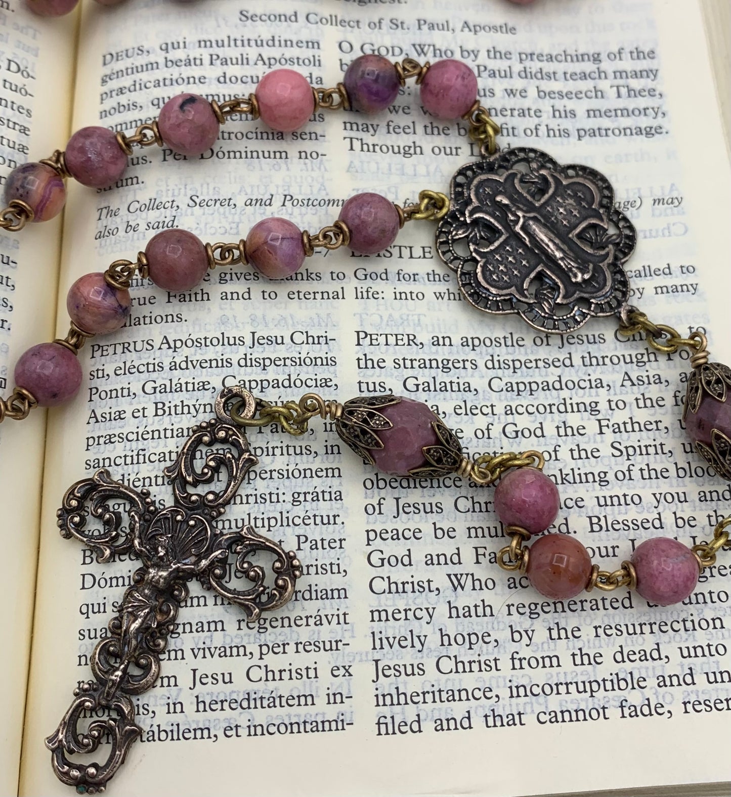 Heirloom Rosary, Rhodonite Gemstones and Bronze