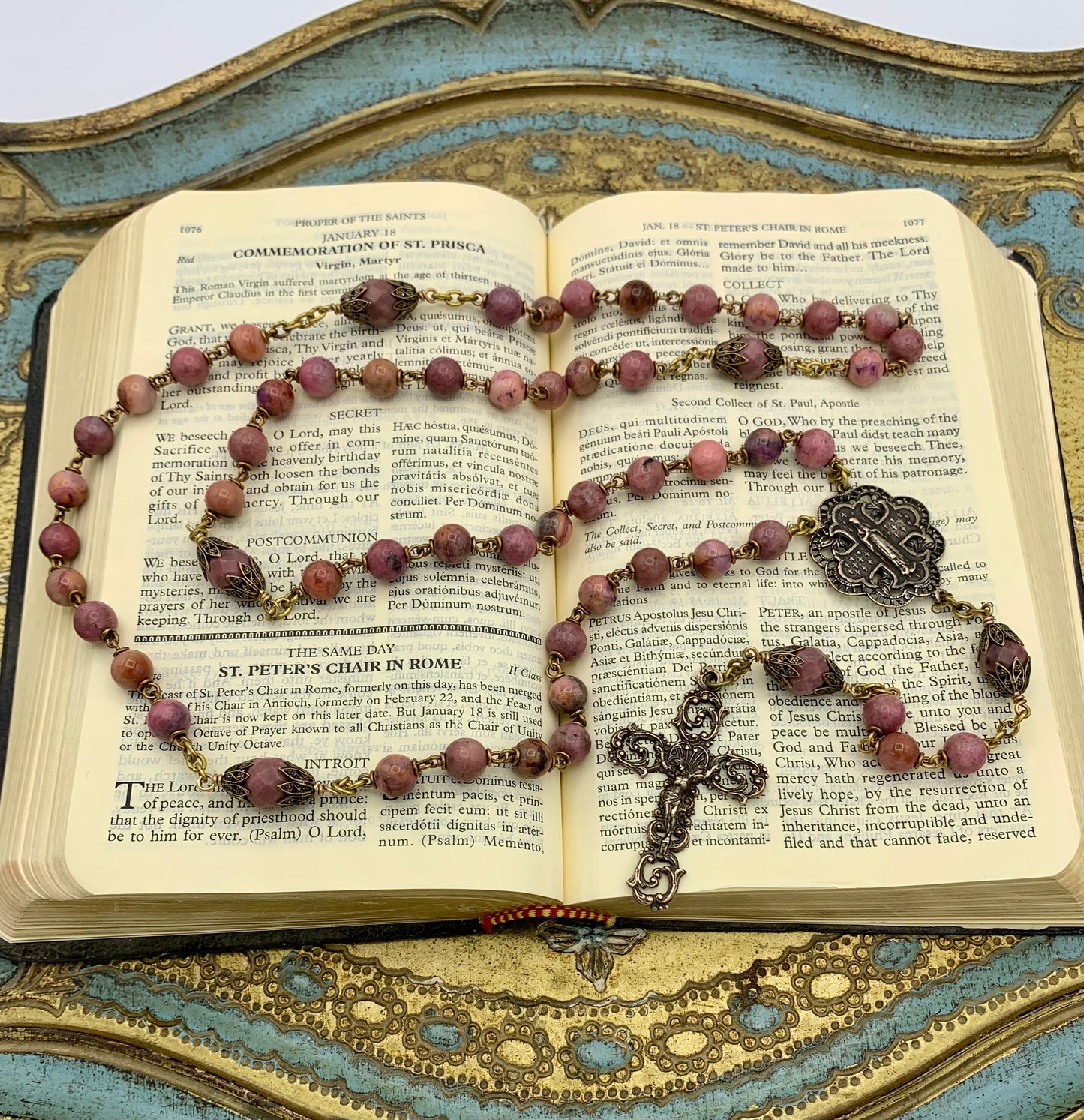 Heirloom Rosary, Rhodonite Gemstones and Bronze