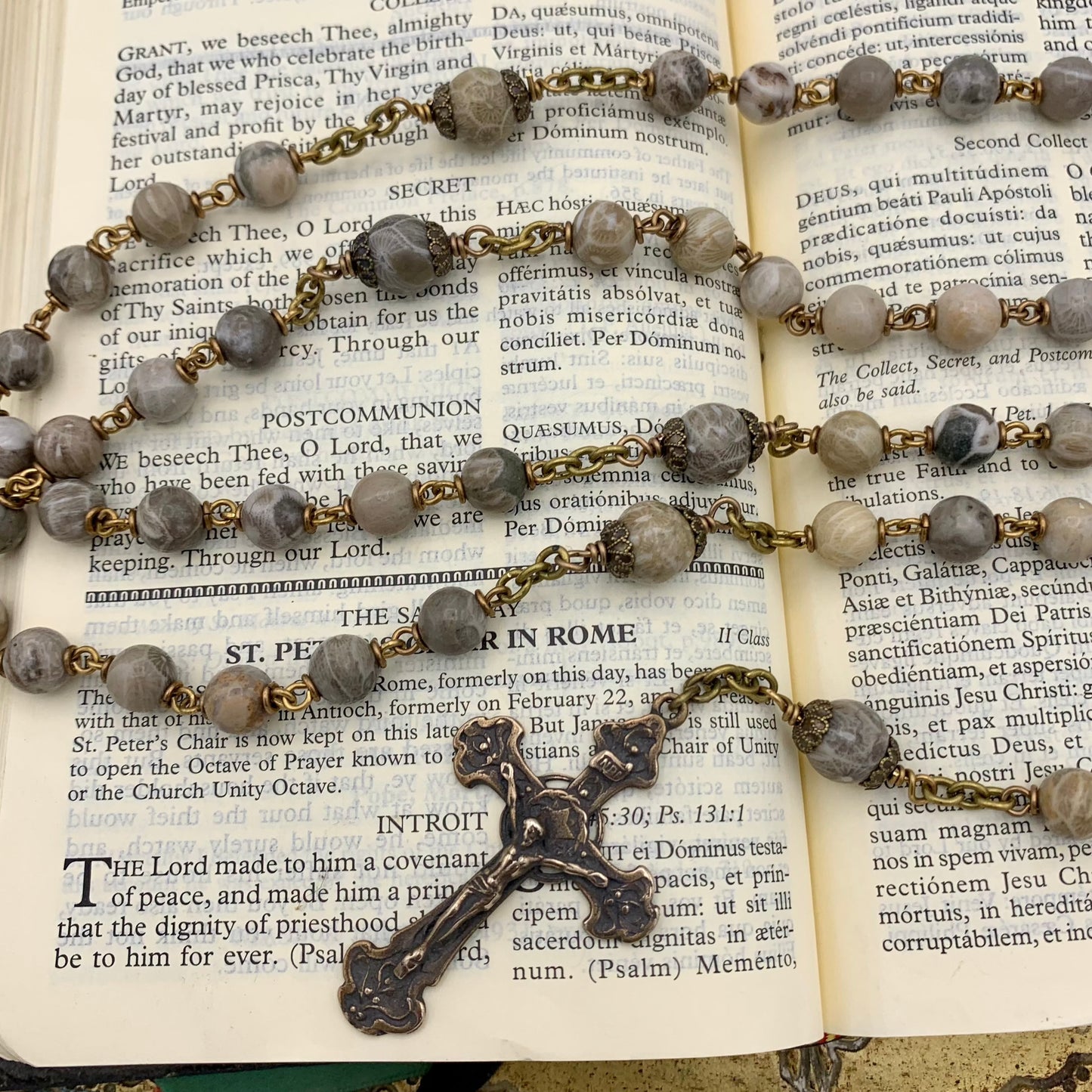 Heirloom Rosary, Bronze Fossil Coral Gemstone II