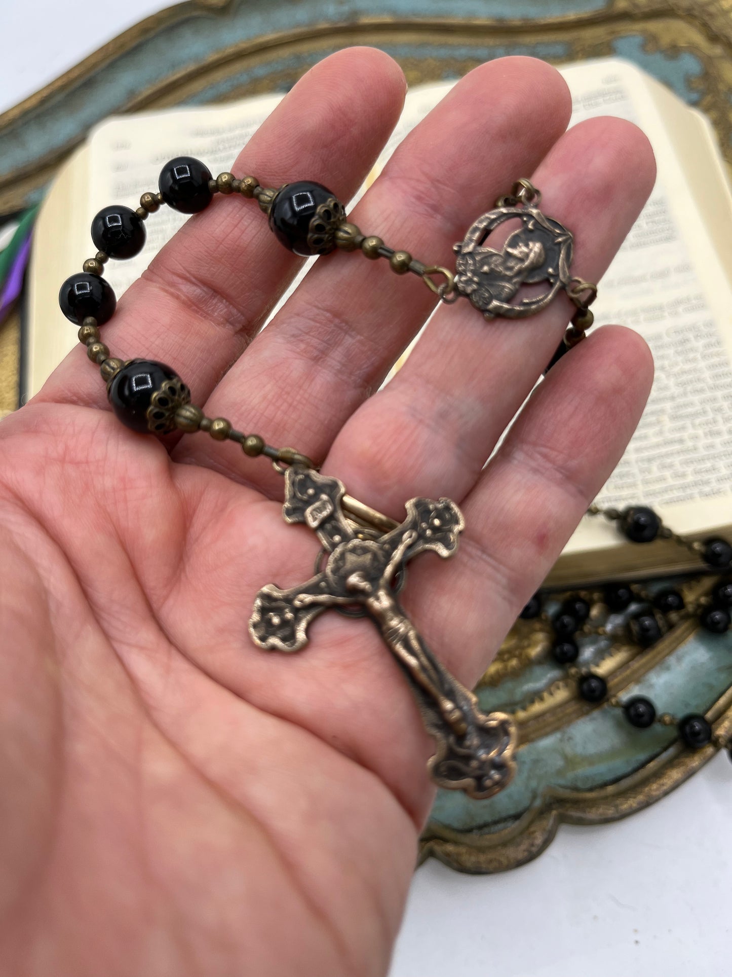Men’s Black Onyx Catholic Rosary – Handmade Gemstone Rosary with Bronze Crucifix