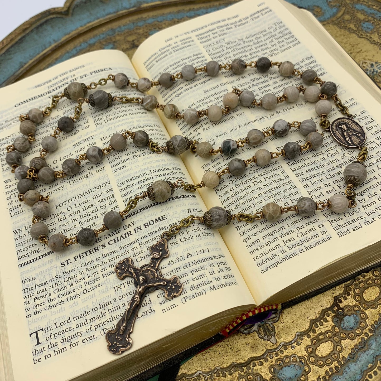 Heirloom Rosary, Bronze Fossil Coral Gemstone II