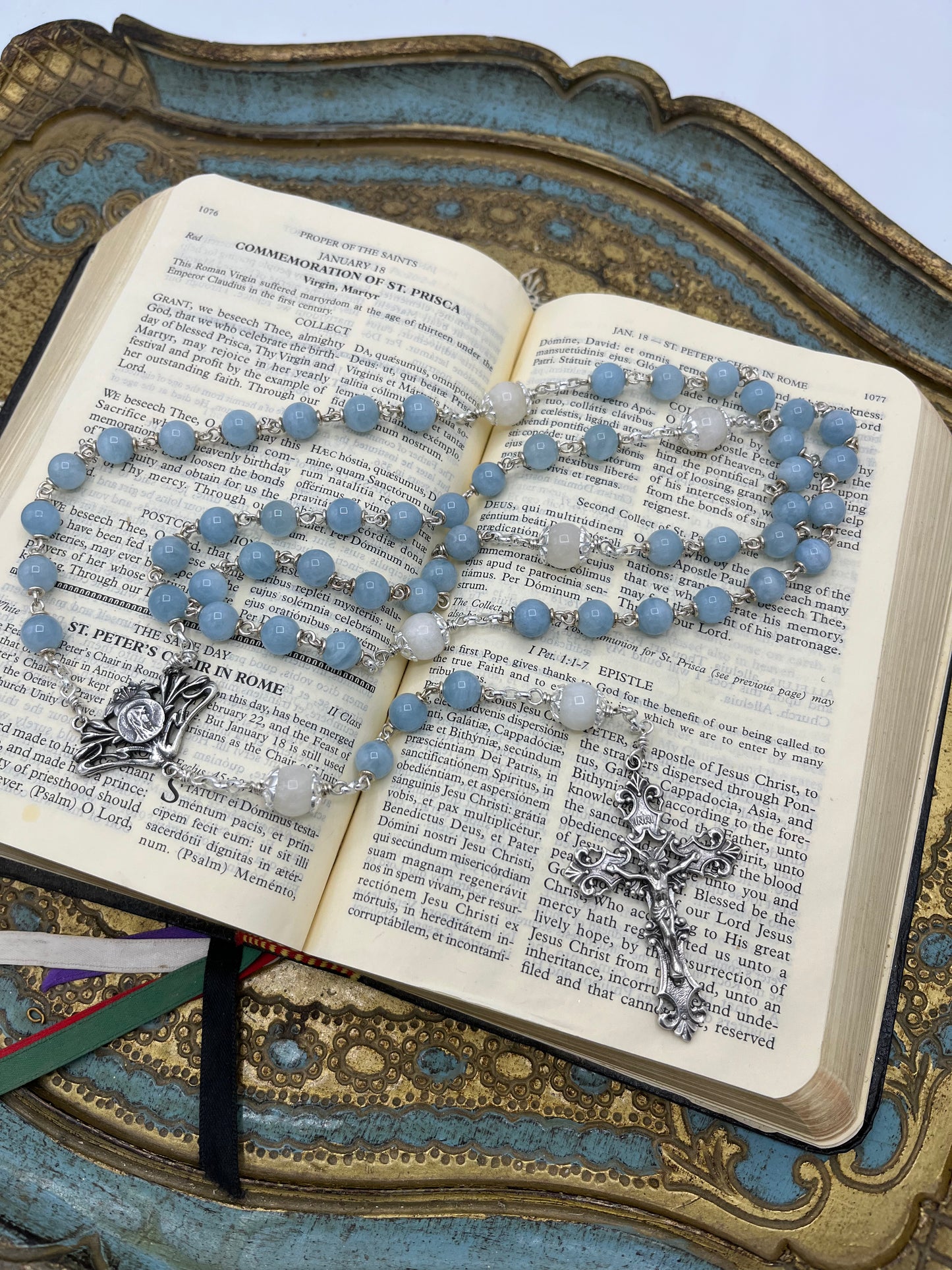 Heirloom Rosary, Sterling Silver with Aquamarine and Moonstone