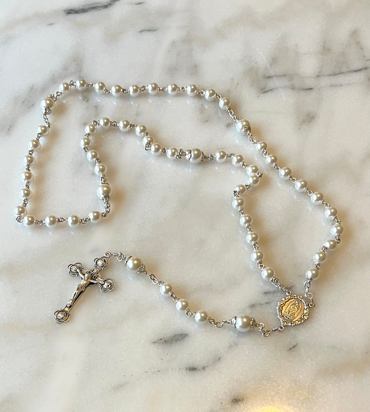 Heirloom Our Lady of Guadalupe, Sterling Silver Swarovski Pearl Rosary