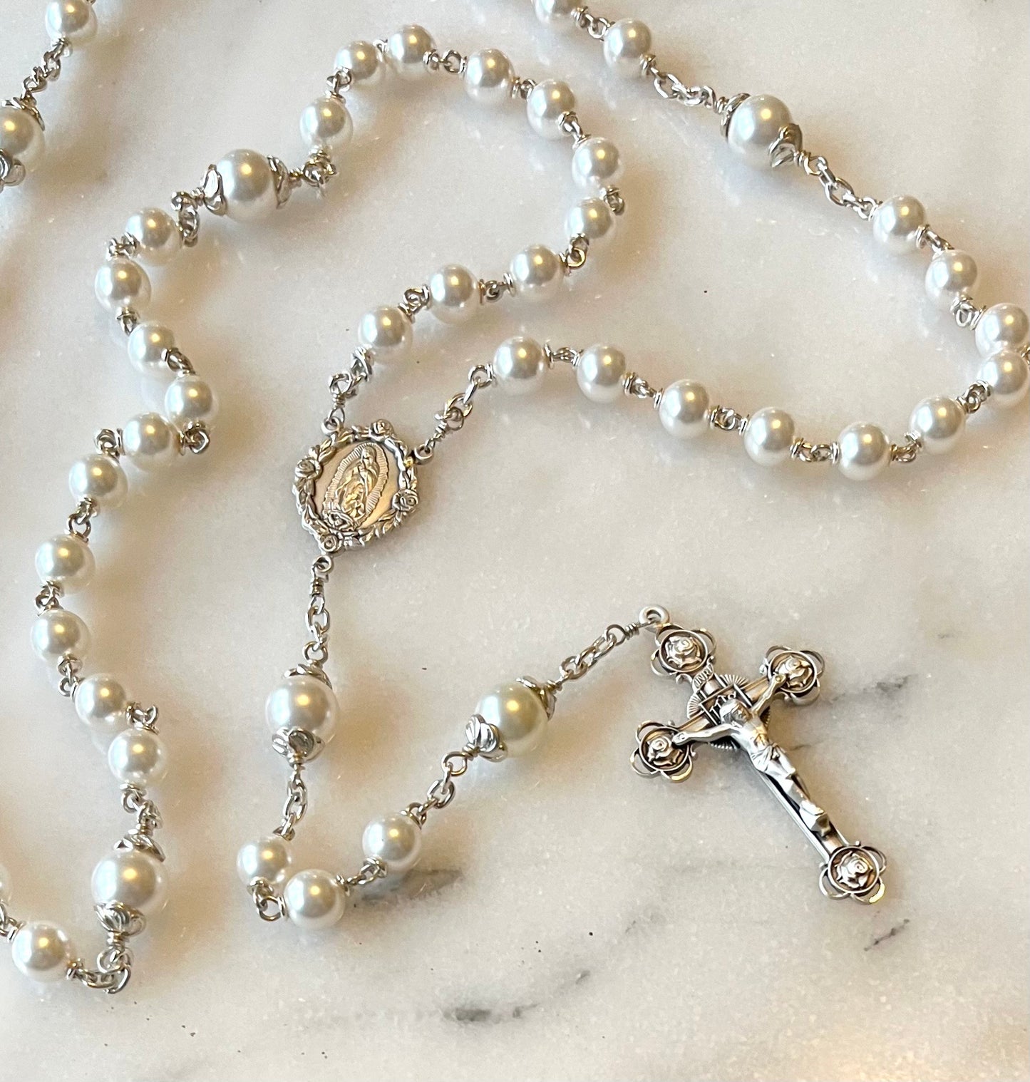 Heirloom Our Lady of Guadalupe, Sterling Silver Swarovski Pearl Rosary