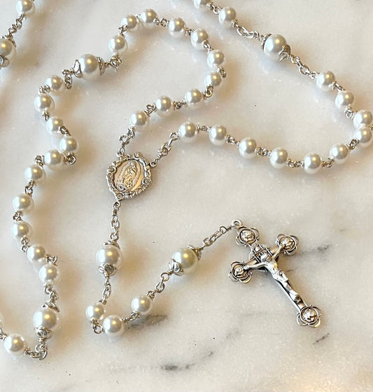 Heirloom Our Lady of Guadalupe, Sterling Silver Swarovski Pearl Rosary