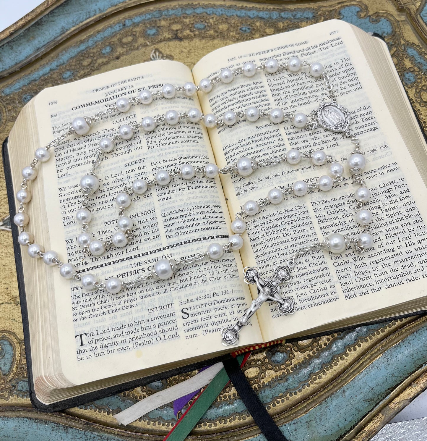 Heirloom Our Lady of Guadalupe, Sterling Silver Swarovski Pearl Rosary