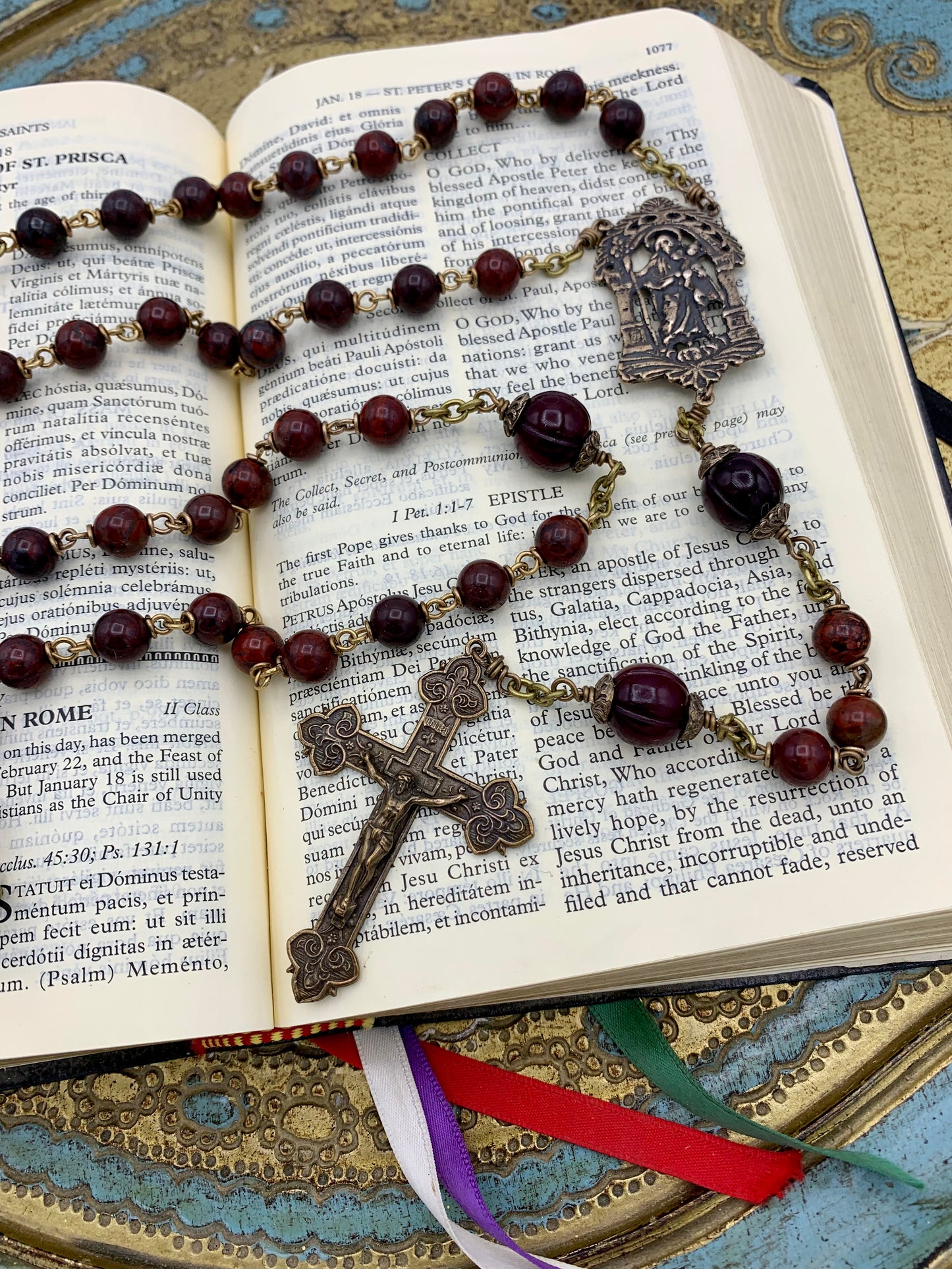 Brecciated Jasper Gemstones are a rich red brown color. They pair beautifully with the Bronze antique reproduction rosary parts.