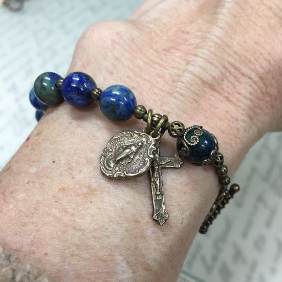 Beaded Rosary Bracelet, with Azurite Lapis Lazuli Gemstones