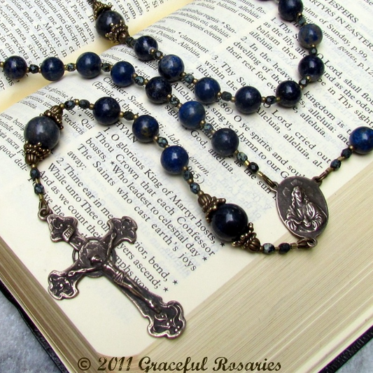 Cable Strung Rosary, Blue Lapis Lazuli