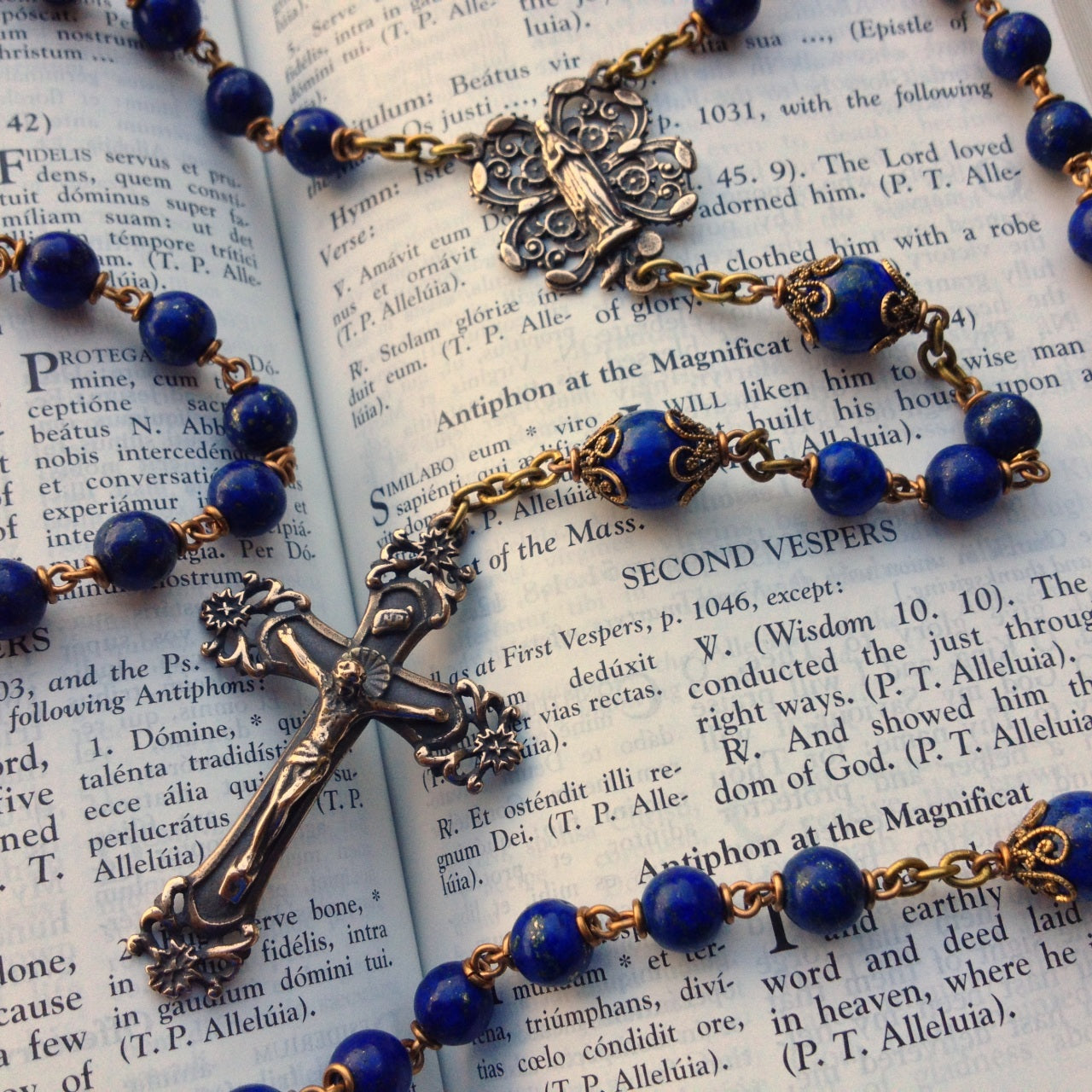 Heirloom Rosary, Lapis Lazuli Gemstone Catholic Handmade Vintage, large