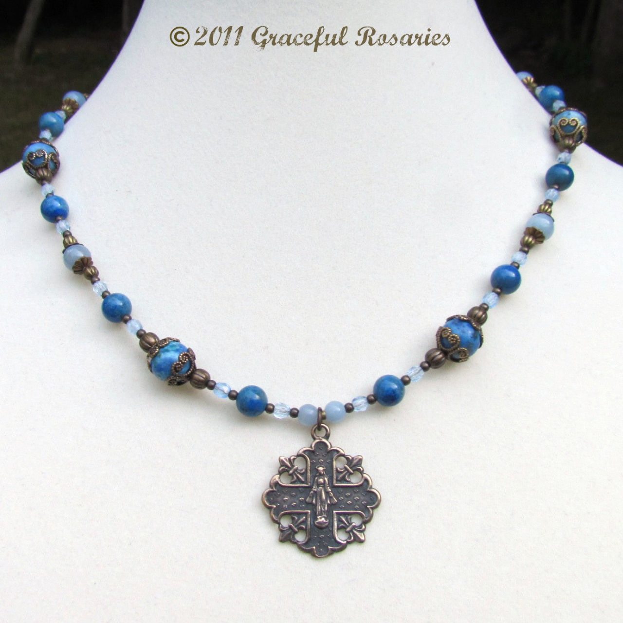 Catholic Jewelry, Necklace Blue gemstone with Our Lady of Grace Bronze Medal Handmade