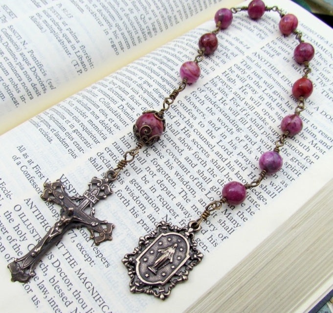 Tenner, Catholic Rosary, Miraculous Medal and Crazy Lace Agate