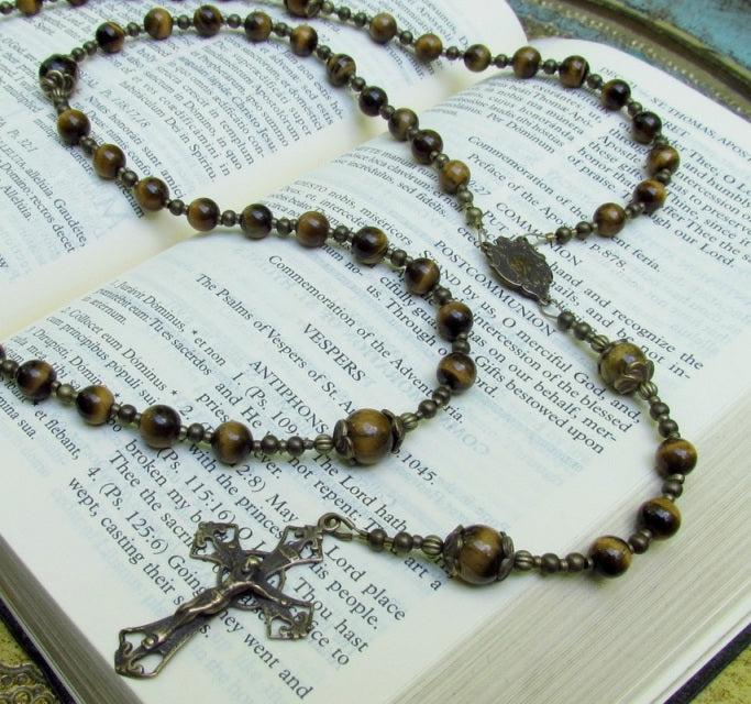 Cable Strung Rosary, Gold Tiger Eye Gemstones