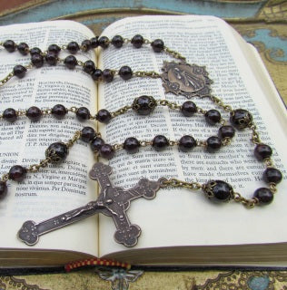 Heirloom Rosary, Divine Mercy, Garnet Gemstones