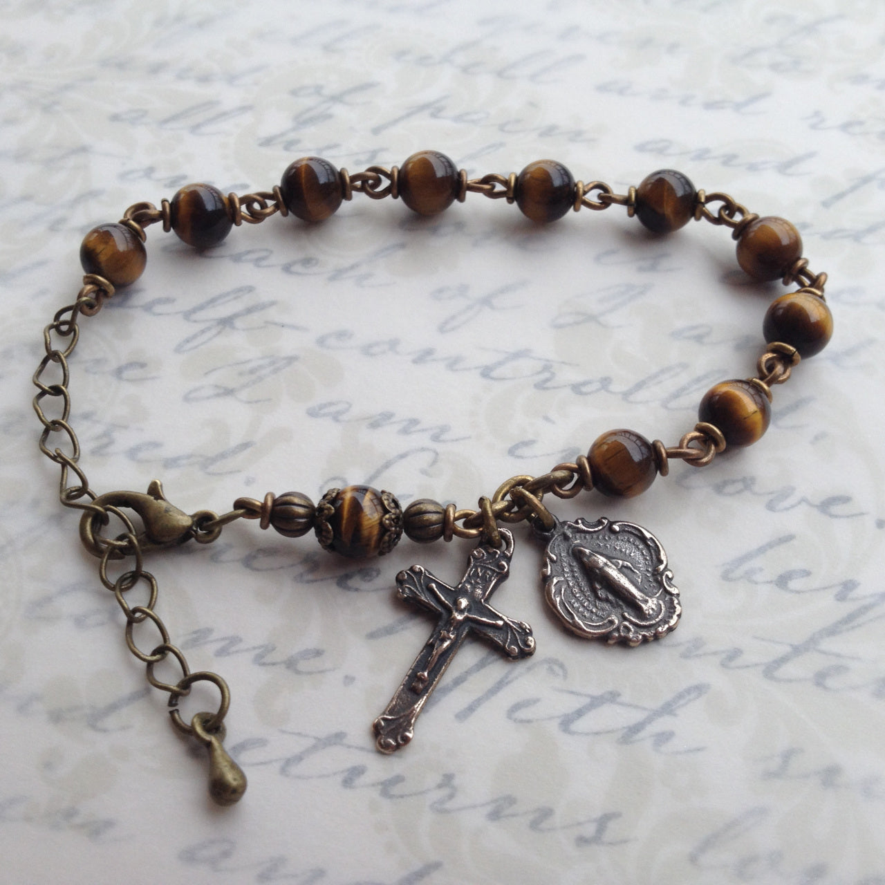 Heirloom Rosary Bracelet, Gold Tiger Eye Gemstones