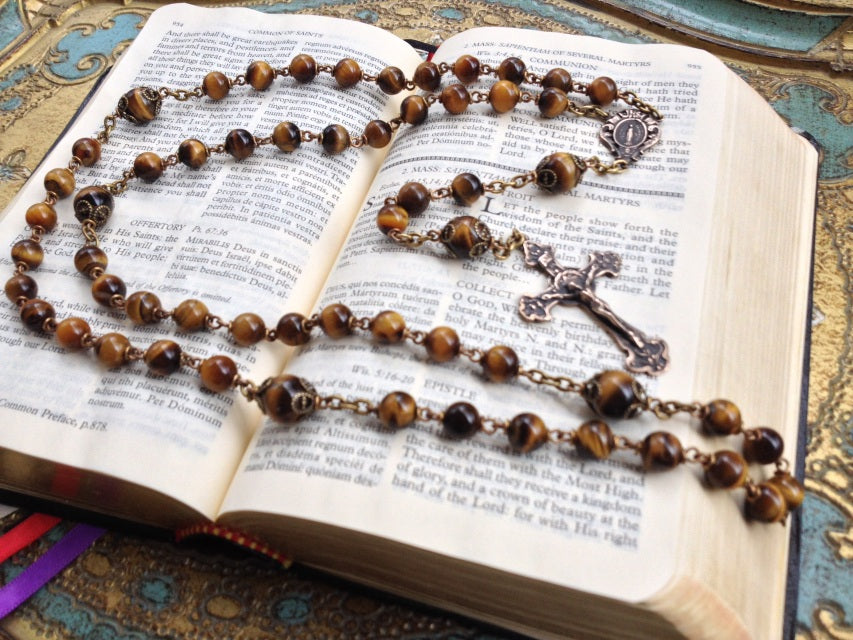 Heirloom Rosary, Gold Tiger Eye Rosary with Bronze 8mm