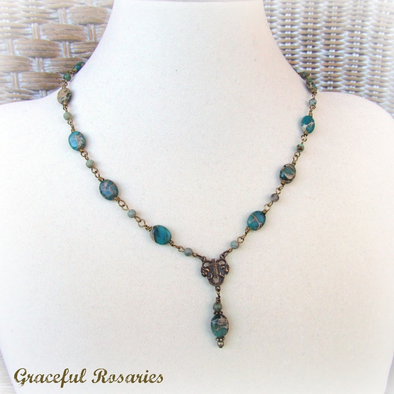 Catholic Jewelry Necklace, Impression Jasper with Bronze Cross