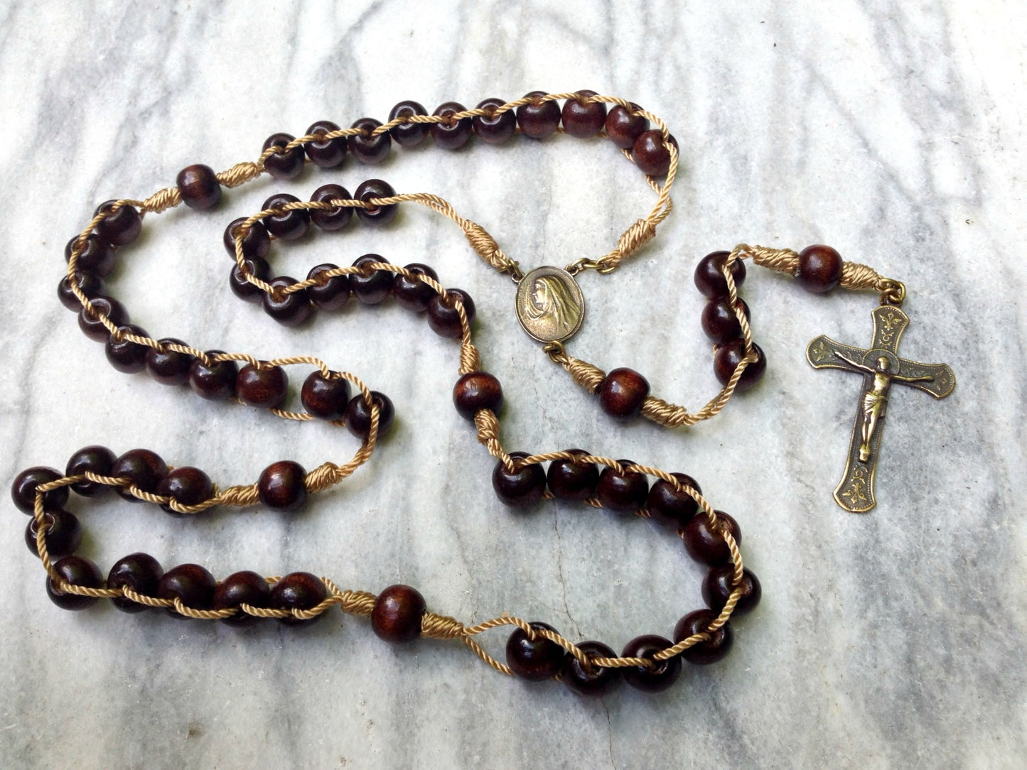 Push Rosary, Large Littleleaf Boxwood- Sliding Beadsary - Individually Knotted Decades