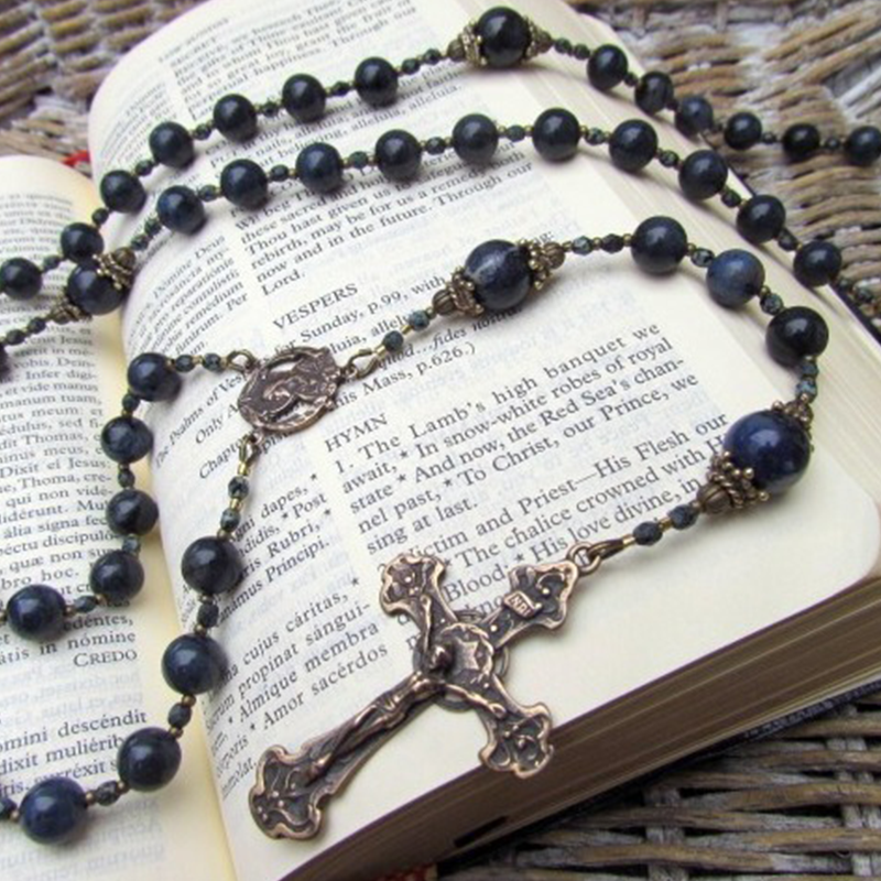 Cable Strung Rosary, Blue Dumorterite Gemstones