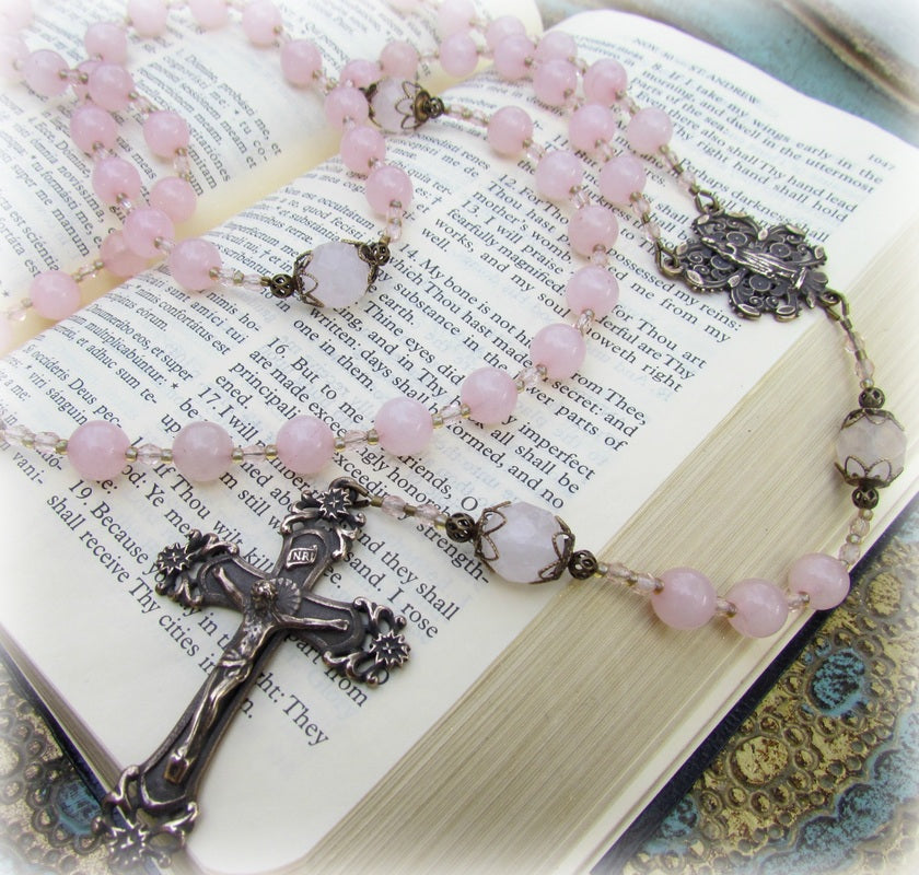 Cable Strung Rosary, Rose Quartz Gemstones