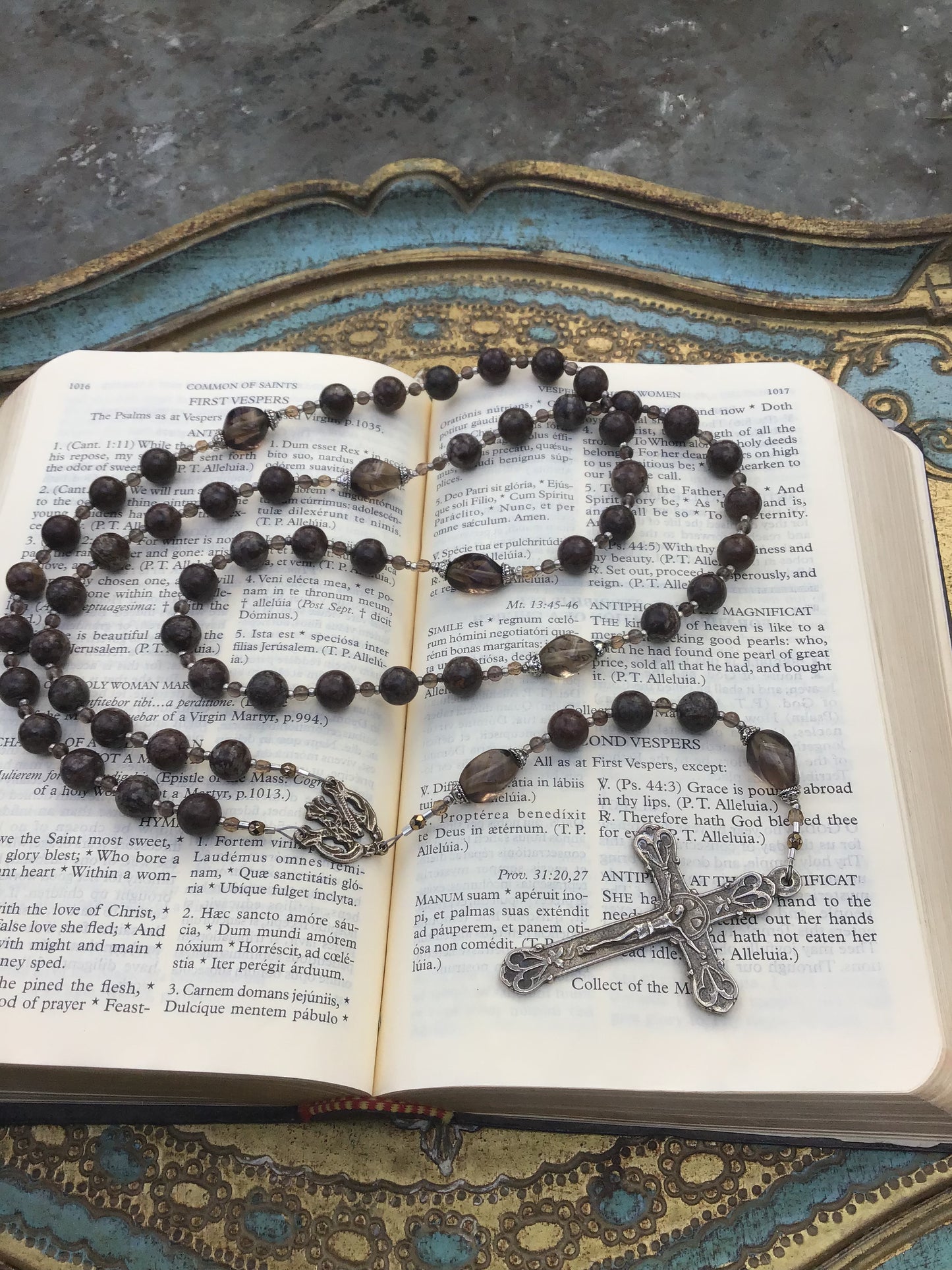 Cable Strung Rosary, Snowflake Jasper and Smoky Quartz Gemstones
