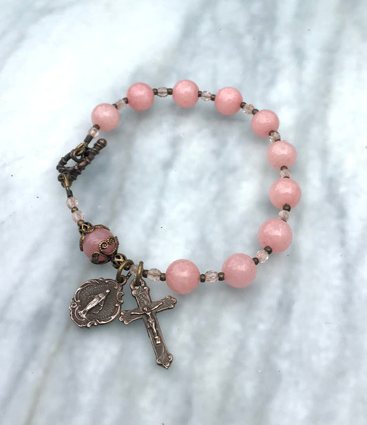 Beaded Rosary Bracelet, Salmon Jade Gemstones