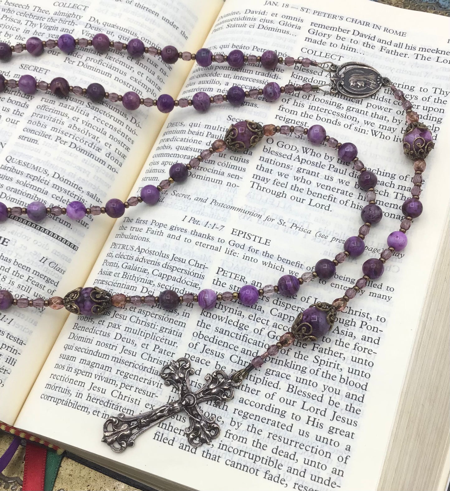 Cable Strung Rosary, Purple Crazy Lace Agate