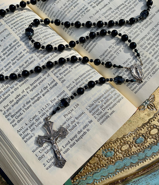 Cable Strung Rosary, Black Onyx, White Bronze