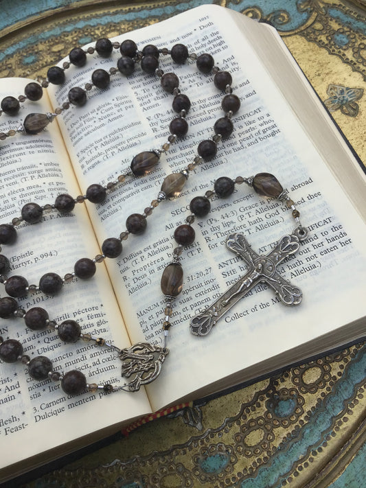 Cable Strung Rosary, Snowflake Jasper and Smoky Quartz Gemstones