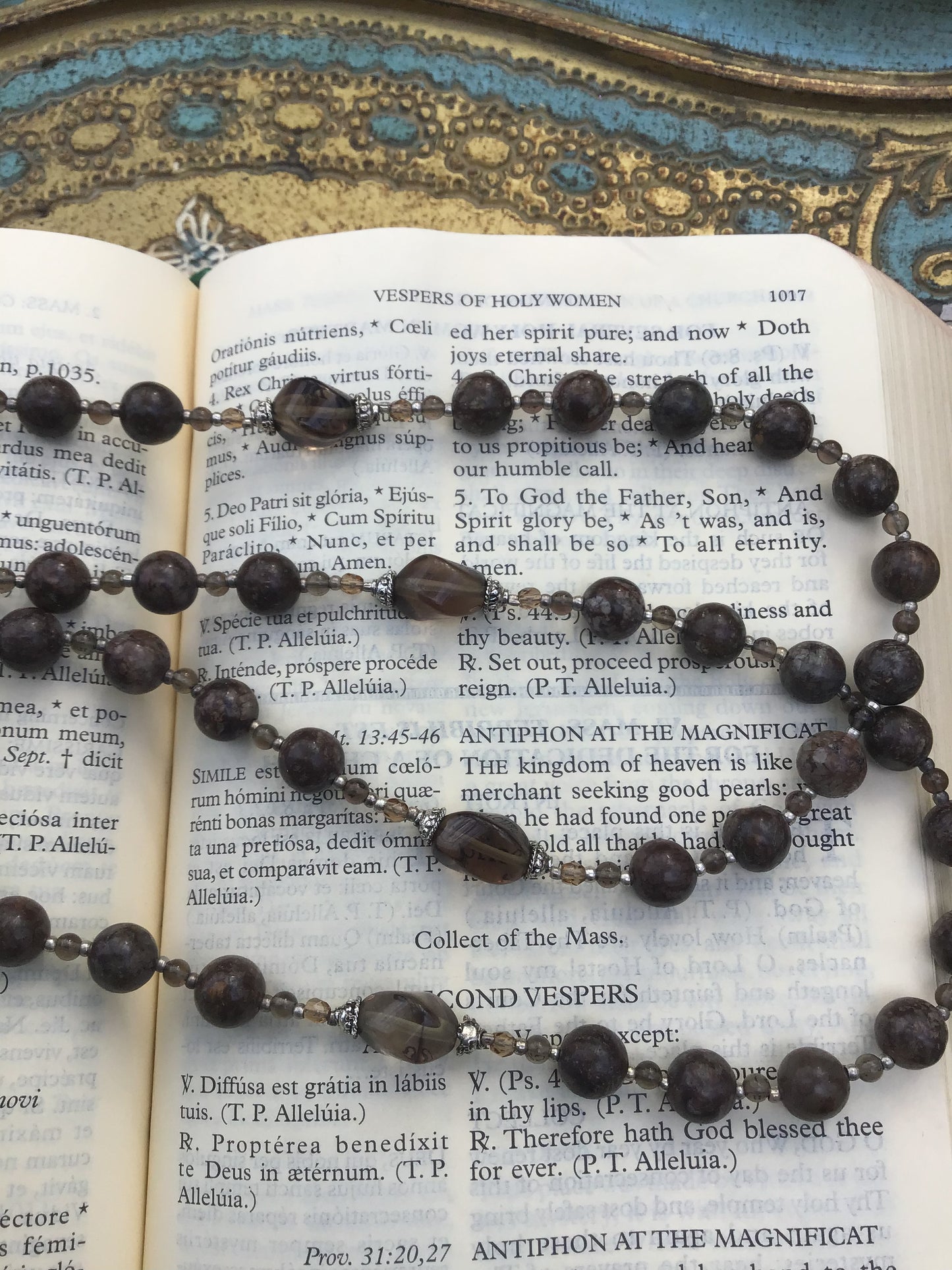 Cable Strung Rosary, Snowflake Jasper and Smoky Quartz Gemstones