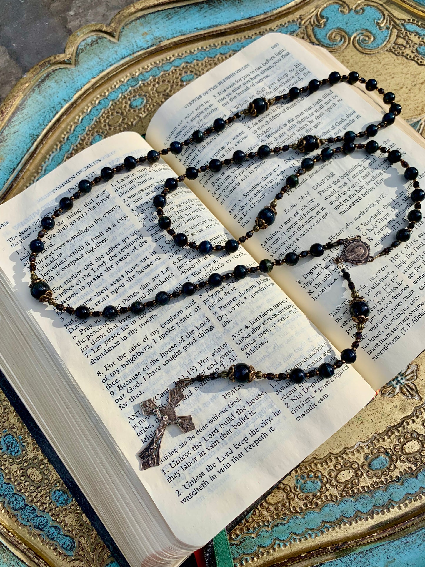 Cable Strung Rosary, Blue Tiger Eye Gemstones