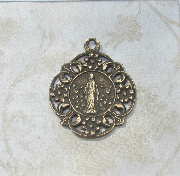 Mary “Many Flowers” Medal Necklace – Solid Bronze Catholic Medal | Hand Cast Marian Pendant (1")
