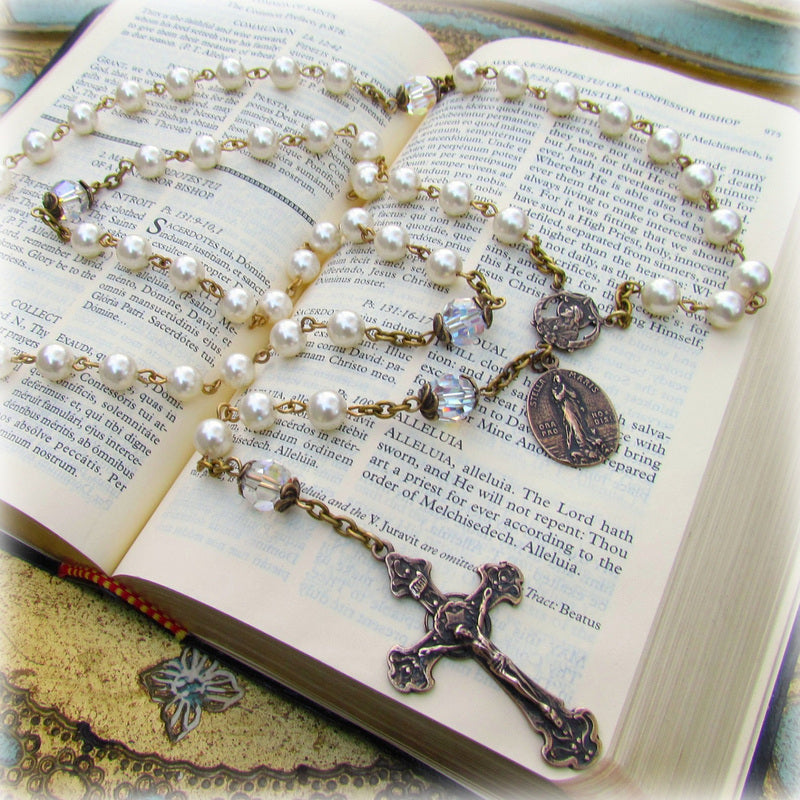 Heirloom, Swarovski Pearl Crystal Rosary with 8mm Aves