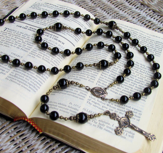 Cable Strung Rosary, Black Onyx Gemstones, Bronze