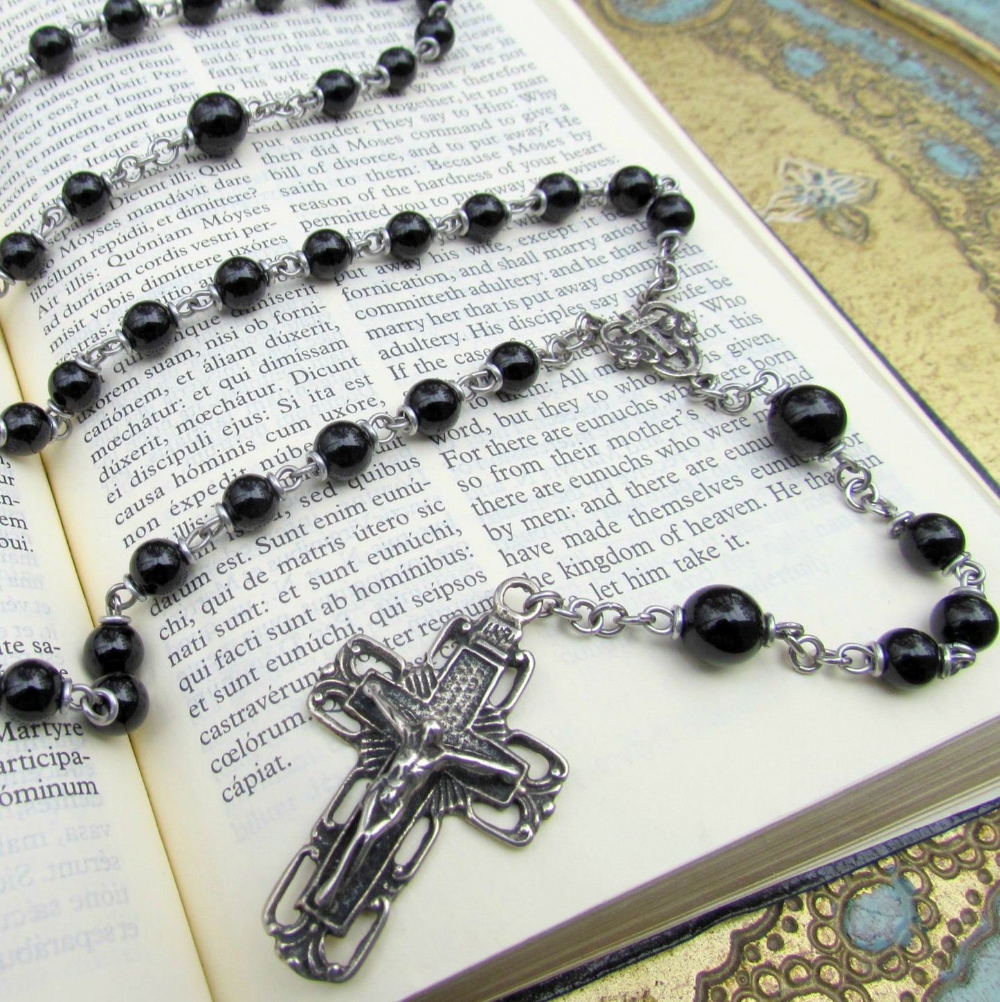 Heirloom Rosary, Black Onyx and White Bronze