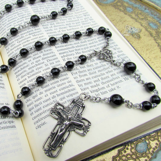 Heirloom Rosary, Black Onyx and White Bronze