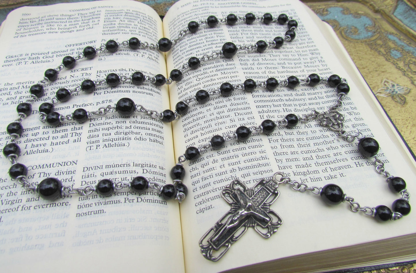 Heirloom Rosary, Black Onyx and White Bronze