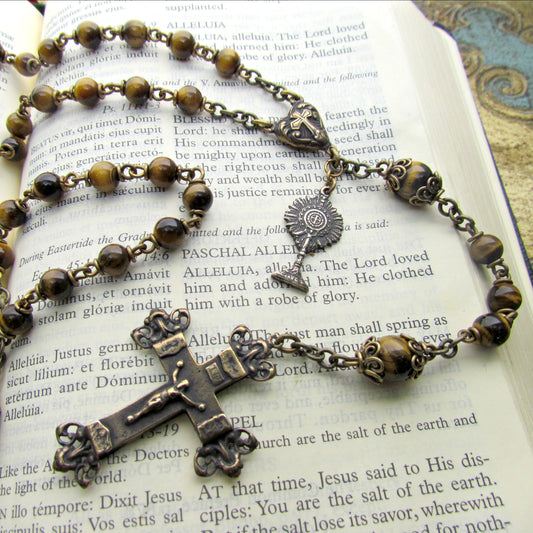 Heirloom Rosary, Gold Tiger eye for First Communion with Chalice medal