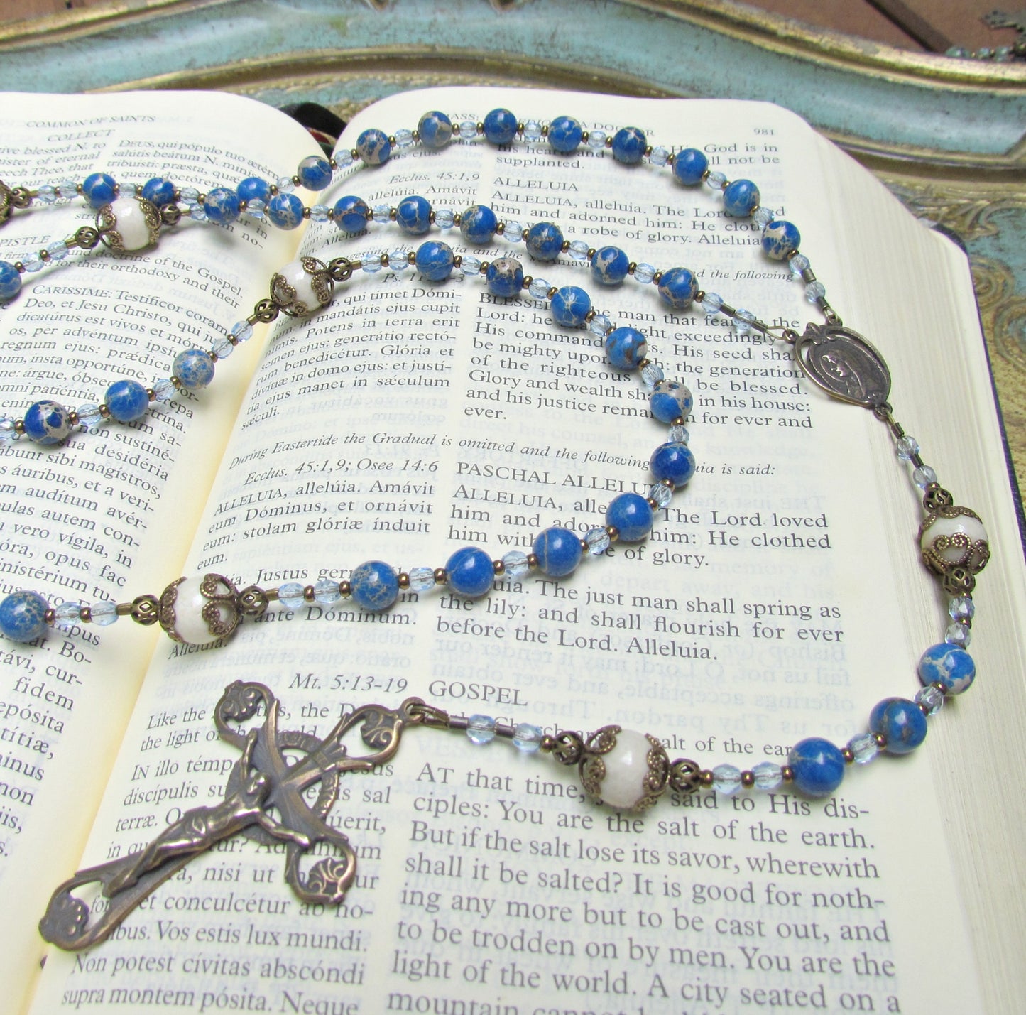 Cable Strung Rosary, Blue Sediment Jasper Gemstone