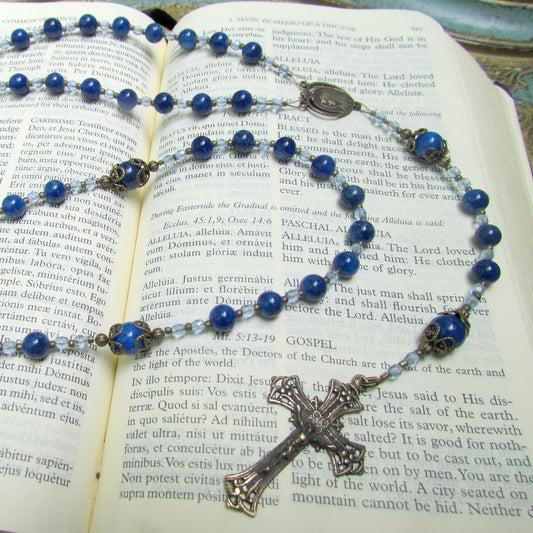 Cable Strung Rosary, Blue Lapis Lazuli Gemstones