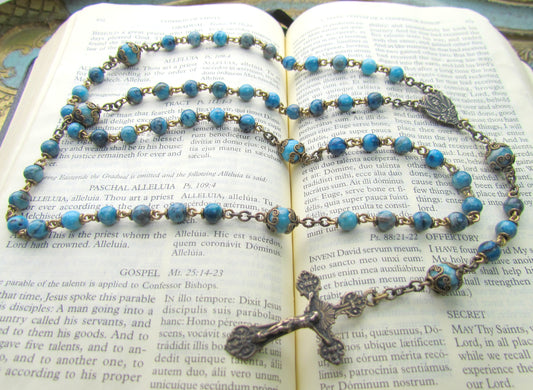 Heirloom Rosary, Blue Crazy Lace Agate with Chalice Center