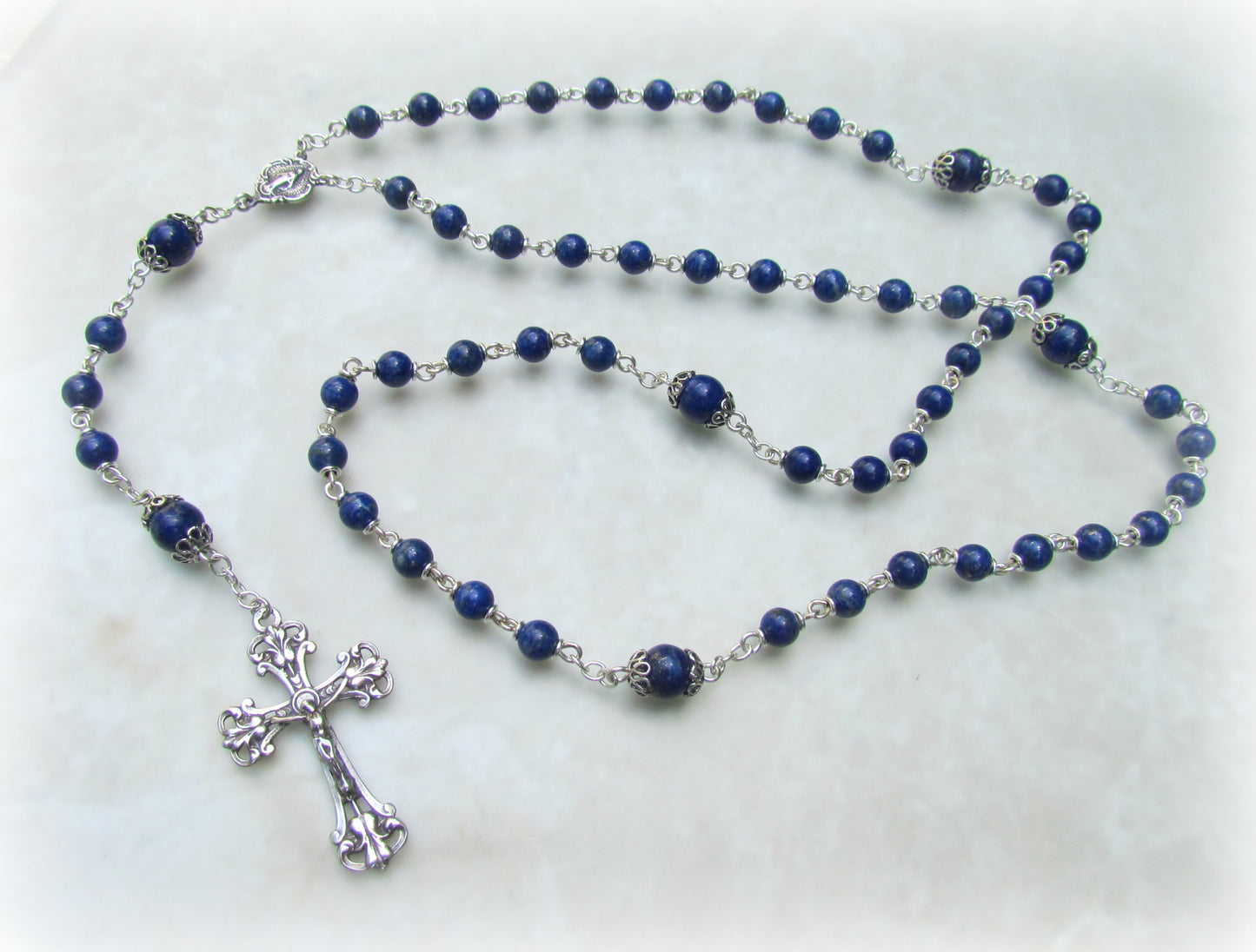 Heirloom Rosary, Sterling Silver 6mm Lapis Lazuli Rosary