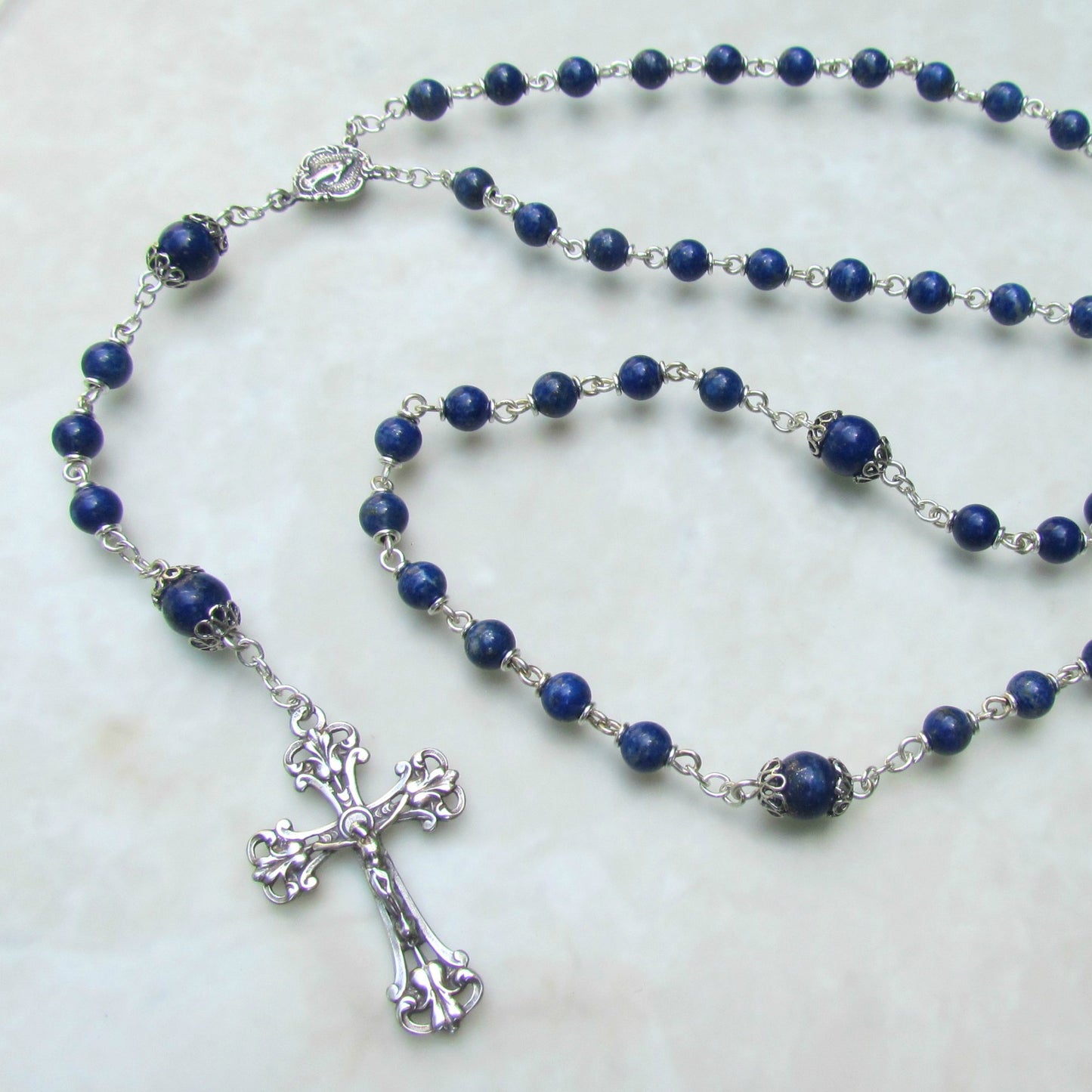 Heirloom Rosary, Sterling Silver 6mm Lapis Lazuli Rosary