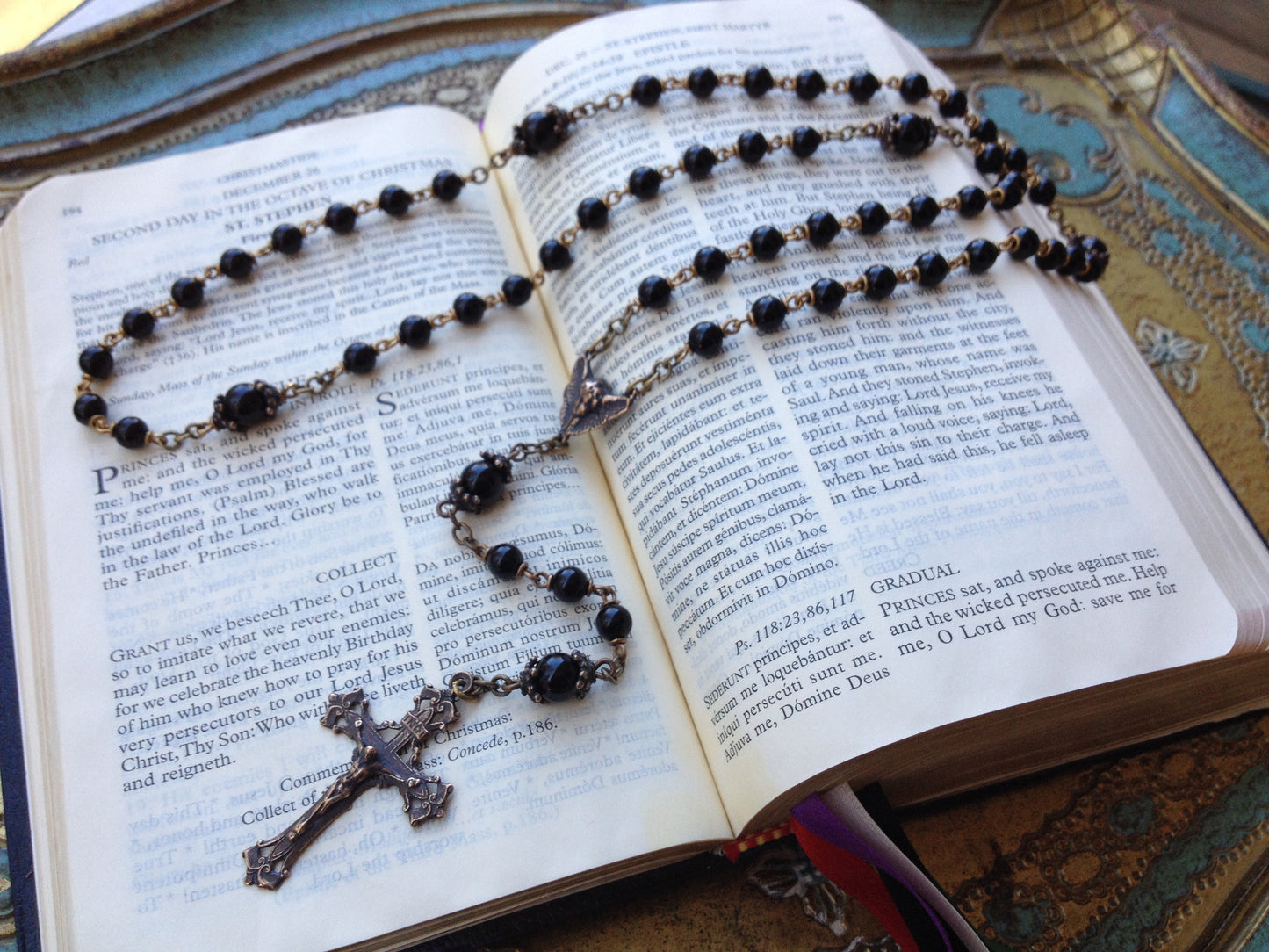 Heirloom Rosary, Black Onyx with Bronze Angel