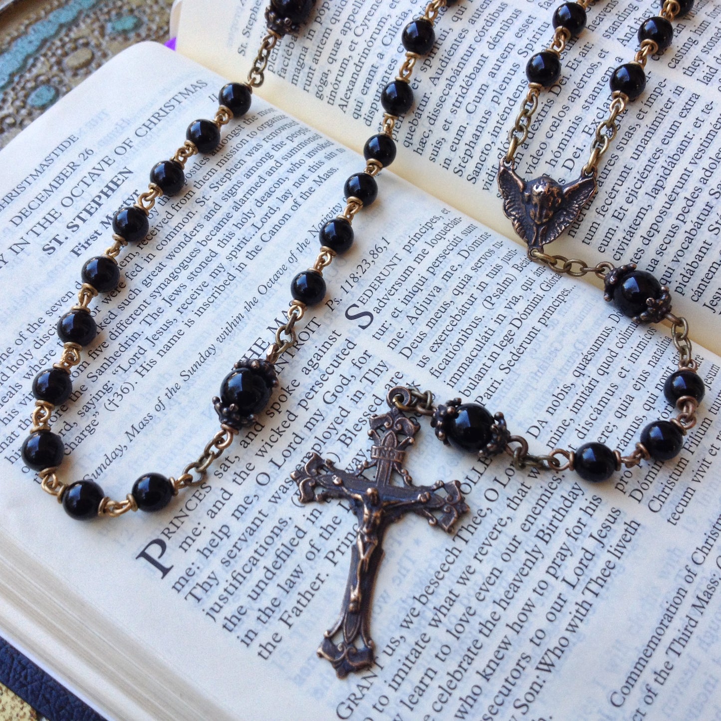 Heirloom Rosary, Black Onyx with Bronze Angel