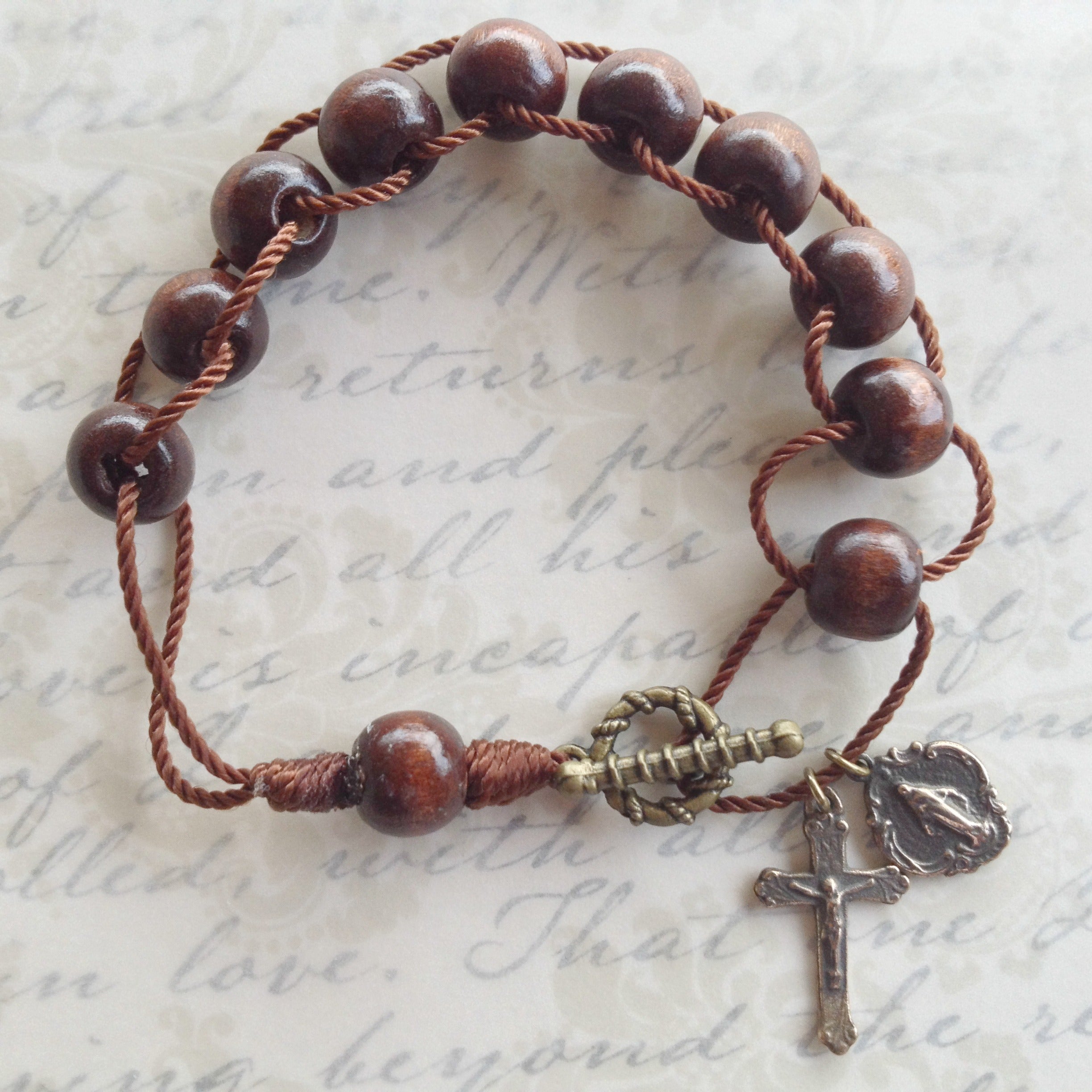 Cord Rosary Bracelet, Sliding Wood Beads, Larger bead – Graceful