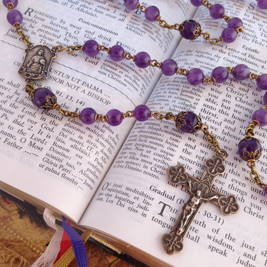 Heirloom Rosary, Amethyst Bronze Rosary 8mm